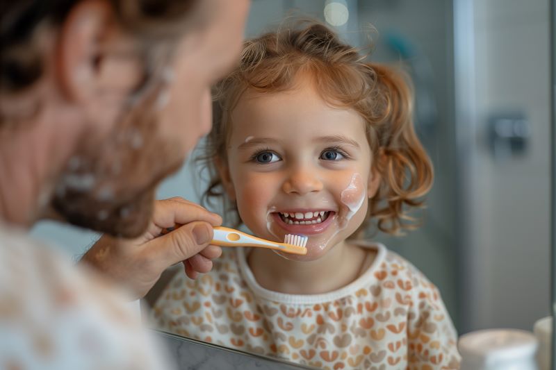 A little girl brushing her teeth with her father.